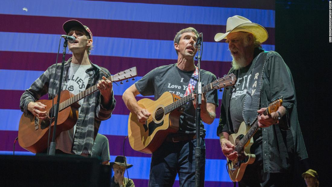 O&#39;Rourke performs with Micah Nelson, left, and Ray Benson during the 45th annual Willie Nelson 4th of July Picnic in July 2018.