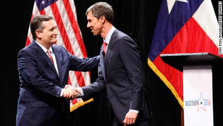 Ted Cruz and Beto O&#39;Rourke shake hands after a debate at McFarlin Auditorium at SMU on September 21, 2018 in Dallas, Texas.