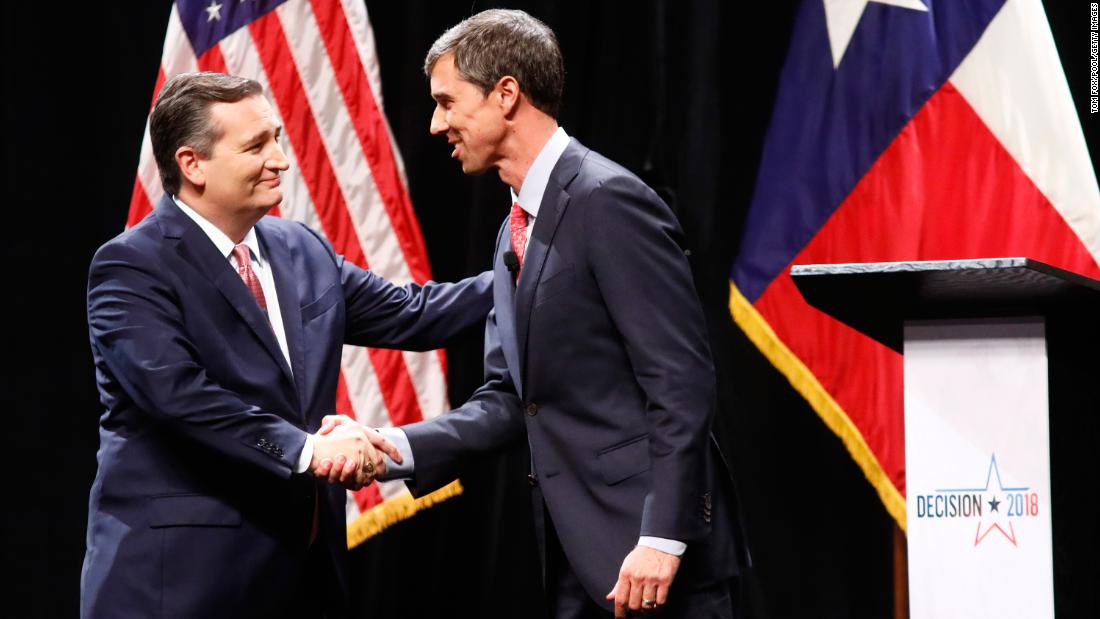 O&#39;Rourke shakes hands with US Sen. Ted Cruz at a debate in Dallas in September 2018.