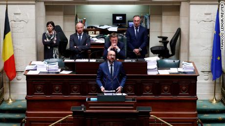 Belgium&#39;s Prime Minister Charles Michel delivers a speech at a plenary session of the Belgian Parliament in Brussels, Belgium, April 4, 2019.