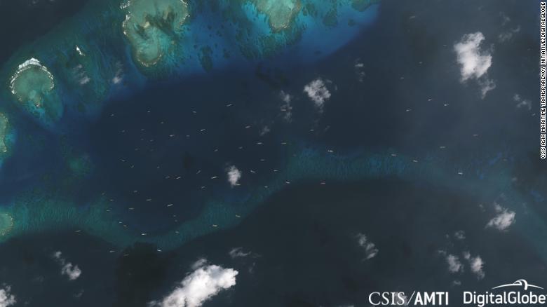 A satellite photo from December 20, 2018, showing the fleet of Chinese ships in the area around Thitu Island.