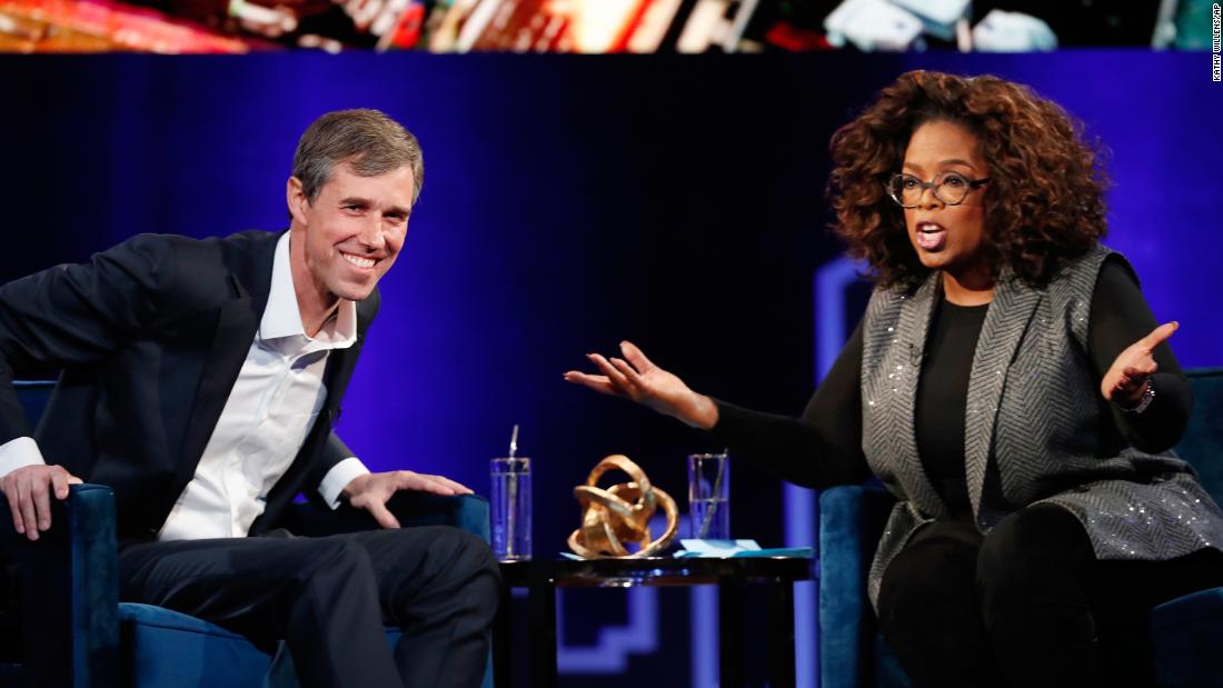 O&#39;Rourke talks with Oprah Winfrey at an event in New York in February 2019.