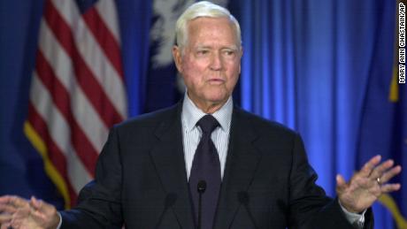 Sen. Ernest &quot;Fritz&quot; Hollings, D-S.C., gestures as he announces that he that will not seek re-election, during a news conference, Monday, Aug. 4, 2003, in Columbia, S.C. Hollings was first elected to the Senate in 1966 (AP Photo/Mary Ann Chastain)