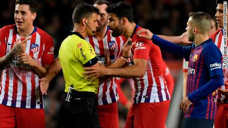 Diego Costa saw red for Atletico Madrid against Barcelona after appearing to say something to the referee. 