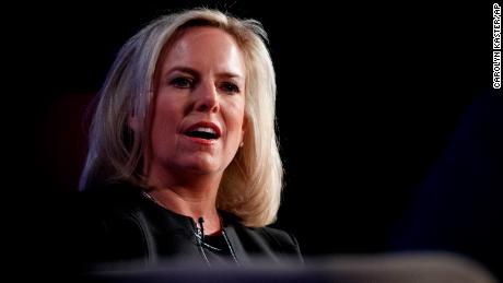 Homeland Security Secretary Kirstjen Nielsen speaks at George Washington University's Jack Morton Auditorium in Washington, Monday, March 18, 2019 (AP Photo/Carolyn Kaster)