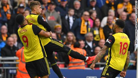 Troy Deeney lifts Gerard Deulofeu in joy during Watford&#39;s FA Cup semifinal win over Wolves. 