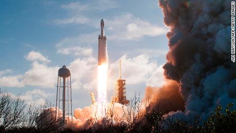 The SpaceX Falcon Heavy launches from Pad 39A at the Kennedy Space Center in Florida, on February 6, 2018.