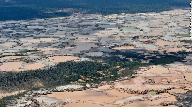 A chemically deforested area of the Amazon caused by illegal mining in southeast Peru, February 2019. 