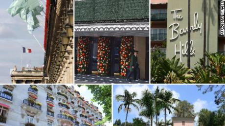 A combination of pictures created in London on March 31, 2019, shows the facades of five of the nine Dorchester Collection hotels owned by Brunei: (top left to right) Hotel Meurice in Paris, The Dorchester in London, The Beverly Hills Hotel in Los Angeles, (bottom left to right) The Hotel Plaza Athenee in Paris and The Hotel Bel-Air in Los Angeles. 