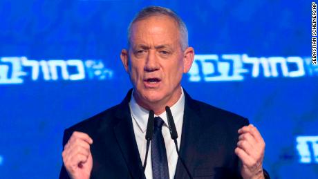 Blue and White party leader Benny Gantz addresses his supporters after Israeli general elections polls closed.