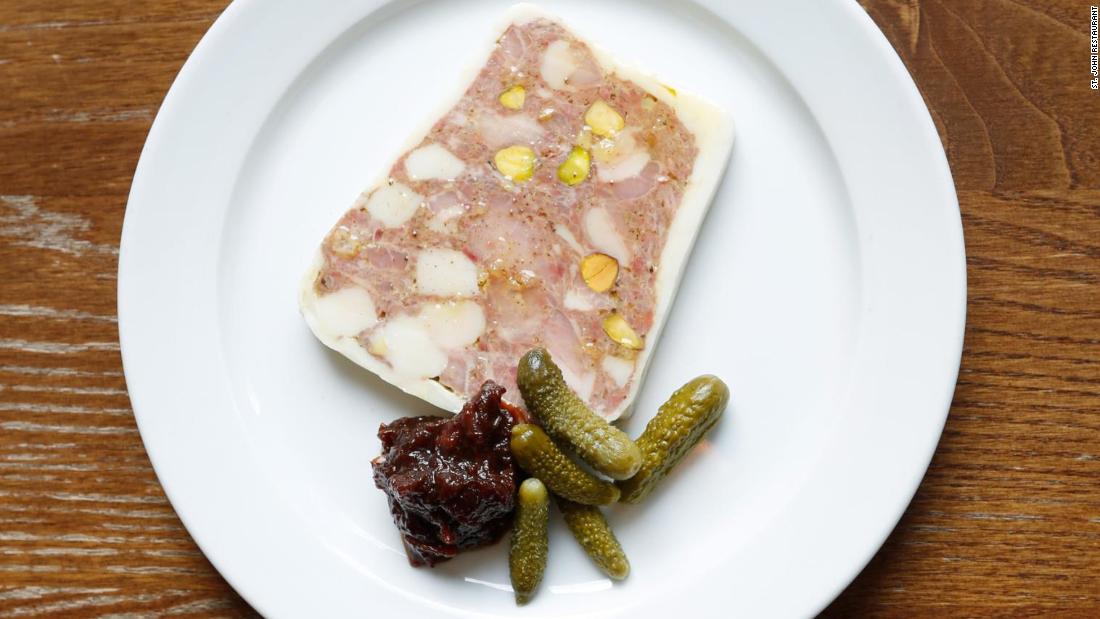 This terrine is made at St. John restaurant using whichever parts are to hand at the time of making. This can be pig liver or heart but can also include rabbit offal and game offal.