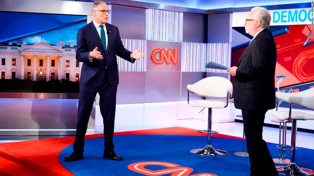 Inslee talks to CNN&#39;s Wolf Blitzer during a town-hall event in April 2019.