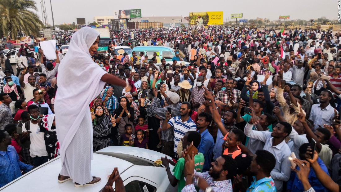 Salah, the woman &lt;a href=&quot;https://www.cnn.com/2019/04/10/middleeast/sudan-woman-iconic-photo-revolution-intl/index.html&quot; target=&quot;_blank&quot;&gt;propelled to internet fame&lt;/a&gt; after clips of her leading protest chants went viral, addresses protesters on April 10.