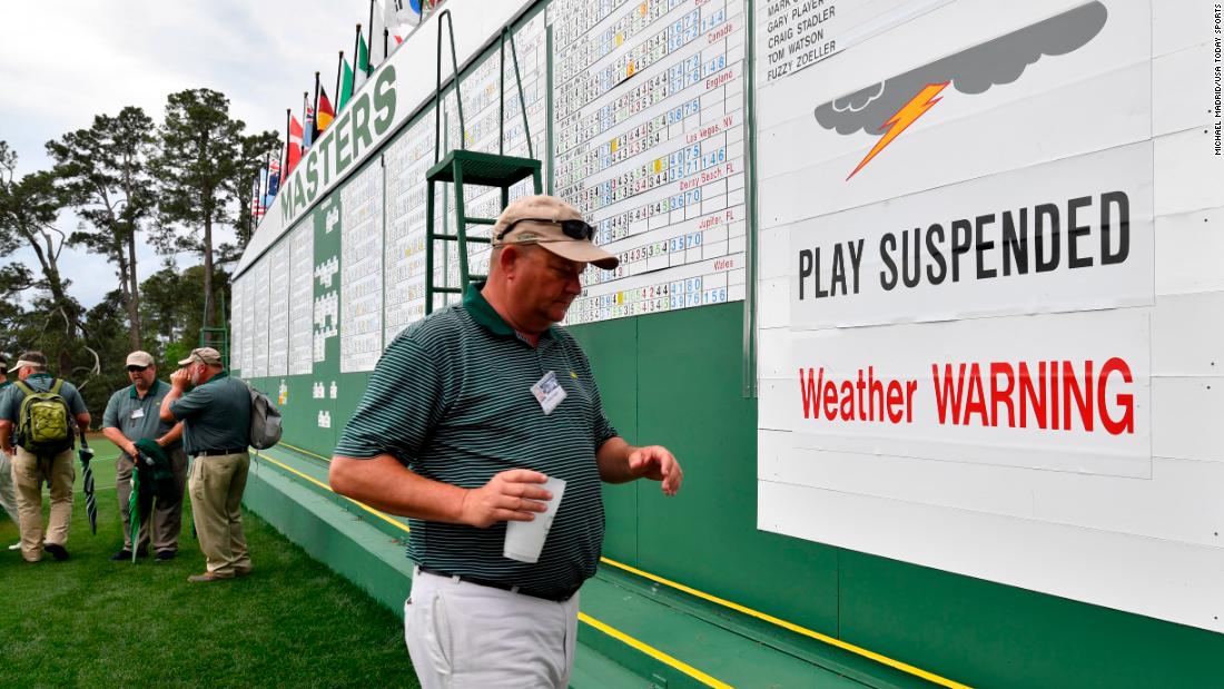 Play was suspended for a while because of the threat of thunderstorms in the Augusta area. 