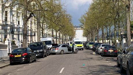 The scene at Holland Park where police arrested a 40-year-old man for ramming the Ukrainian Ambassador&#39;s car.