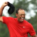 AUGUSTA, GEORGIA - APRIL 14: Tiger Woods of the United States celebrates after sinking his putt on the 18th green to win during the final round of the Masters at Augusta National Golf Club on April 14, 2019 in Augusta, Georgia. (Photo by Mike Ehrmann/Getty Images)