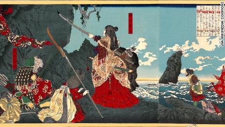 Empress Jingu depicted in a woodblock print is viewed as a quasi-mythical, quasi-historical figure.