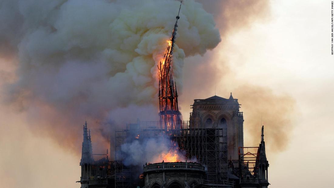 The spire of the landmark cathedral collapses.