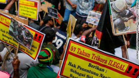 West Papuan activists hold banners during an independence rally in Denpasar, Bali, Indonesia on December 19 2018. 