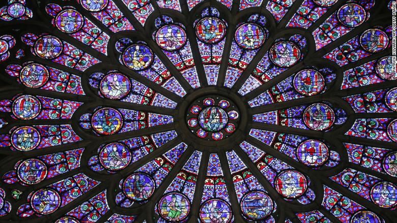 The stained glass on the northern side of the Notre Dame cathedral in Paris.