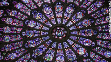 The stained glass on the northern side of the Notre Dame cathedral in Paris.