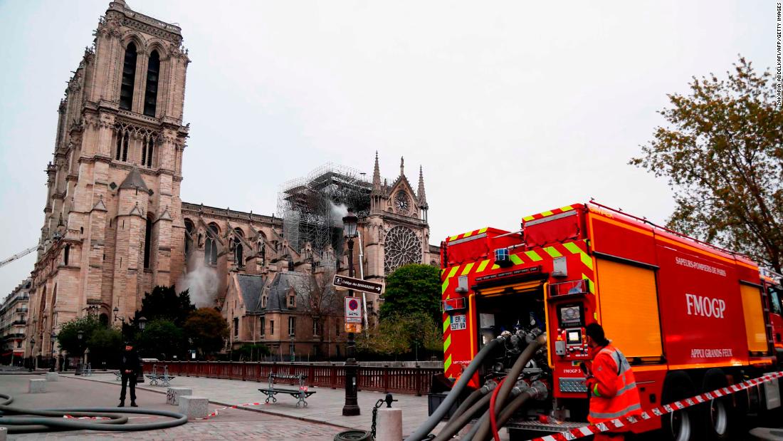 Fire crews continue to secure the cathedral on April 16, 2019.