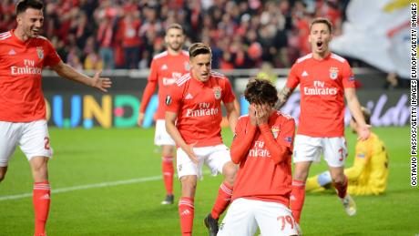 Joao Felix reacts after scoring against Eintracht Frankfurt.