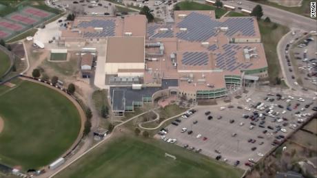 Columbine High School is seen during a lockdown after being alerted to a &quot;credible threat&quot; by authorities on Tuesday.