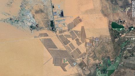 Tengger Desert Solar Park in China, captured by satellite via Google Earth.