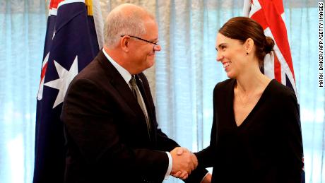 New Zealand Prime Minister Jacinda Ardern (R) shakes hands with Australian Prime Minister Scott Morrison at a bilateral meeting following a national remembrance service for the victims of the March 15 mosques terrorist attack in Christchurch on March 29, 2019.