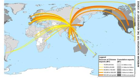 Sources of plastic waste imports into China in 2016 and cumulative plastic waste export tonnage (in million MT) in 1988--2016. &lt;a href=&quot;https://advances.sciencemag.org/content/advances/4/6/eaat0131/F2.large.jpg&quot; target=&quot;blank&quot;&gt;Expand the map&lt;/a&gt;