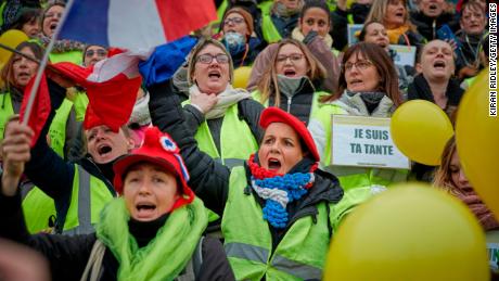 A group of women participate in France&#39;s &quot;yellow vest&quot; protests in January.