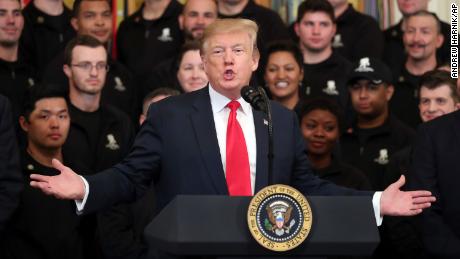 President Donald Trump speaks at a Wounded Warrior Project Soldier Ride event in the East Room of the White House, Thursday, April 18, 2019, in Washington. (AP Photo/Andrew Harnik)