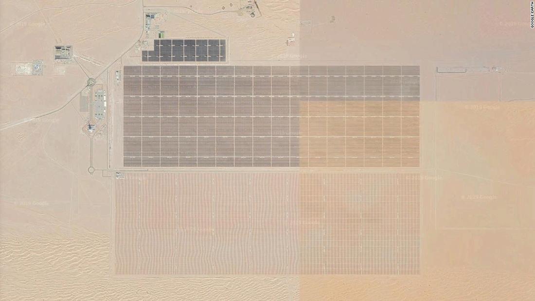 The Mohammed Bin Rashid Al Maktoum Solar Park, viewed via Google Earth. The park started with a 13-megwatt  photovoltaic array in 2013, adding 200 megawatts in phase two and 800 megawatts in phase three (due for completion in 2020). Dubai Electricity and Water Authority say the total investment for the solar park could reach $13.6 billion.