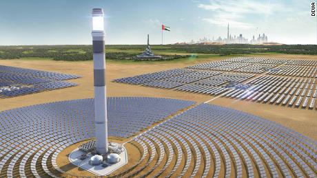 A digital rendering of the concentrated solar tower planned for the Mohammed Bin Rashid Al Maktoum Solar Park in Dubai.