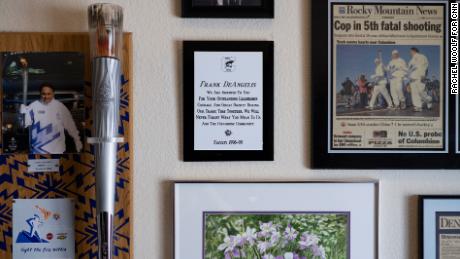 Framed memorabilia are displayed on Frank DeAngelis&#39; office walls at his home.