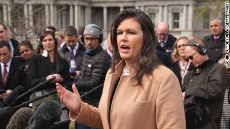 WASHINGTON, DC - APRIL 02: White House Press Secretary Sarah Huckabee Sanders talks to journalists outside the West Wing of the White House April 02, 2019 in Washington, DC. Following a televised interview with FOX News, Sanders fielded questions about immigration, the Mueller report and other topics. (Photo by Chip Somodevilla/Getty Images)