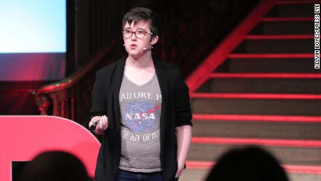 Lyra McKee gives a TEDx talk in Northern Ireland&#39;s Parliament buildings in November 2017.