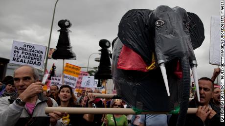 People carry an elephant figure during a demonstration against the Spanish Monarchy on September 28, 2013 in Madrid, Spain. 