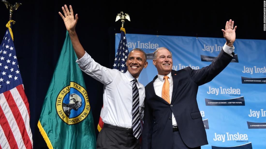 Inslee is joined by President Barack Obama at a fundraiser in Seattle in June 2016.