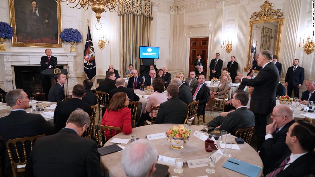 US President Donald Trump looks at Inslee as the White House hosted a listening session with many of the nation&#39;s governors in February 2018. Inslee told Trump that &lt;a href=&quot;https://www.cnn.com/2018/02/26/politics/jay-inslee-donald-trump-tweeting/index.html&quot; target=&quot;_blank&quot;&gt;&quot;we need a little less tweeting here and a little more listening&quot;&lt;/a&gt; on the subject of arming teachers to deter school shootings. Inslee pleaded with Trump to scrap his proposal of arming teachers. 