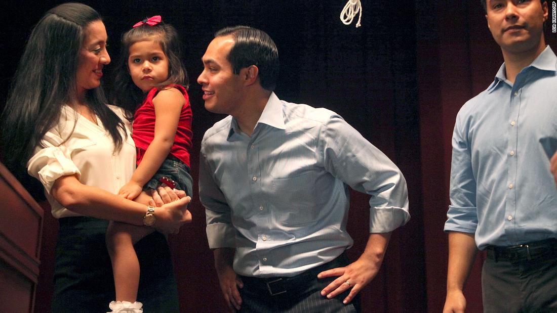 Castro, center, is joined on stage with his wife, Erica, and their daughter, Carina, at an event in September 2012. Castro&#39;s brother, Joaquin, is at right.