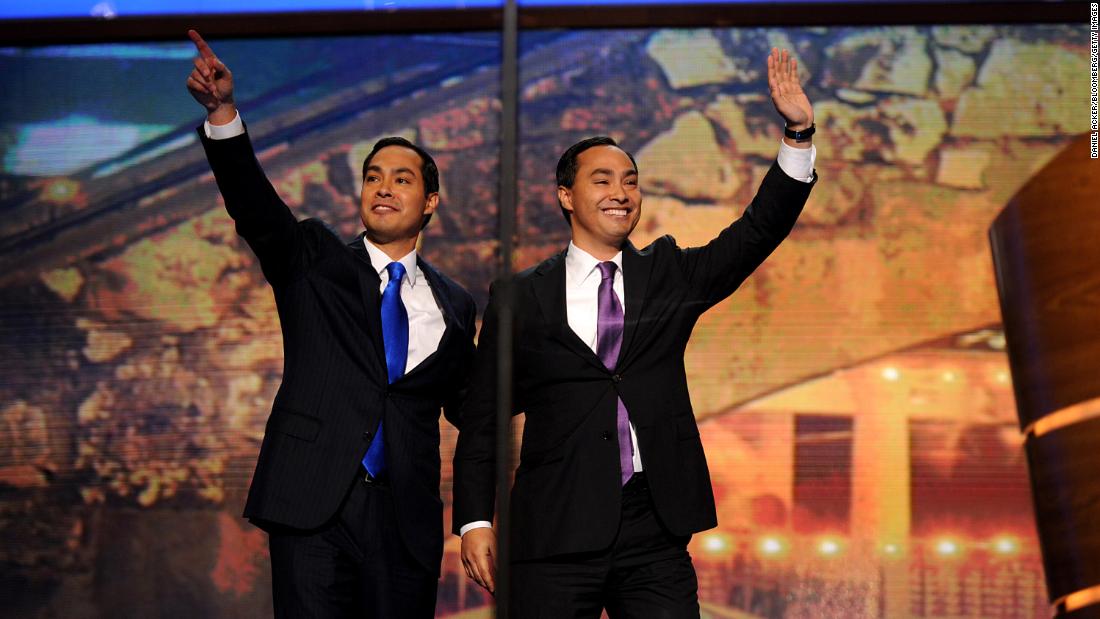 Castro, left, and his brother wave from the stage of the Democratic National Convention. Julian became the first Hispanic ever to deliver the convention&#39;s keynote address.
