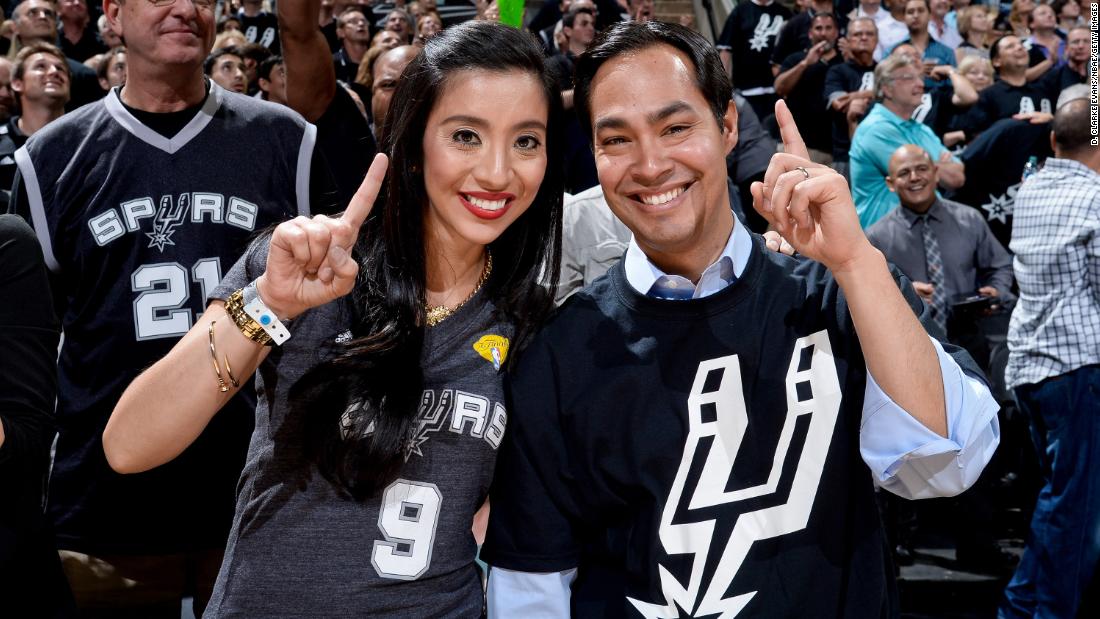 Erica and Julian Castro watch the San Antonio Spurs play in the NBA Finals in 2013.