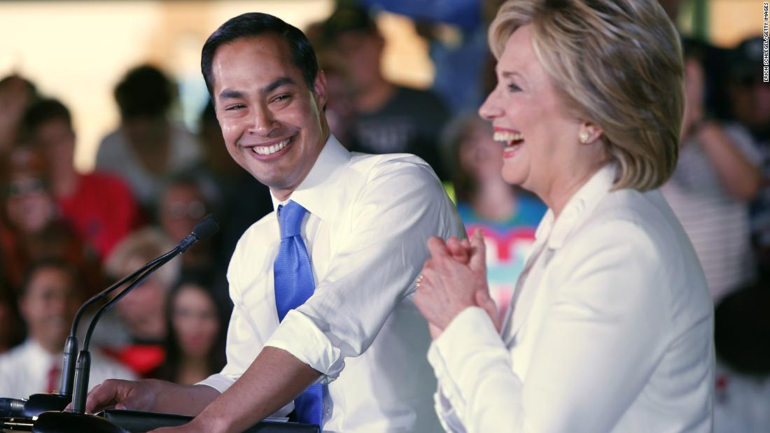 Castro introduces Democratic presidential candidate Hillary Clinton at a &quot;Latinos for Hillary&quot; event in San Antonio in 2015.