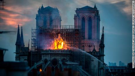 Smoke and flames rise from Notre Dame Cathedral on April 15, 2019.