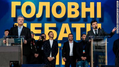 Ukrainian President Petro Poroshenko, left, holds a debate with his electoral opponent Volodymyr Zelenskiy, right, at Olympiskiy Stadium on Friday in Kiev, Ukraine. 