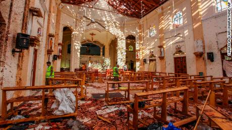 A view of St. Sebastian's Church damaged in blast in Negombo, north of Colombo, Sri Lanka, Sunday, April 21, 2019.  More than hundred were killed and hundreds more hospitalized with injuries from eight blasts that rocked churches and hotels in and just outside of Sri Lanka's capital on Easter Sunday, officials said, the worst violence to hit the South Asian country since its civil war ended a decade ago. (AP Photo/Chamila Karunarathne)