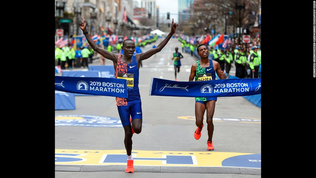 Lawrence Cherono of Kenya wins the men&#39;s race of the &lt;a href=&quot;https://www.cnn.com/2019/04/15/sport/123rd-boston-marathon/index.html&quot; target=&quot;_blank&quot;&gt;123rd Boston Marathon&lt;/a&gt;, on Monday, April 15. Cherono beat out two-time Boston Marathon campion Lelisa Desisa of Ethiopia, at right.