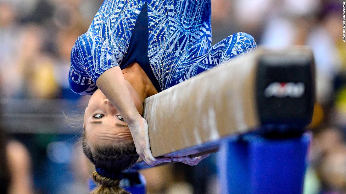 UCLA gymnast Madison Kocian competes on the balance beam during the NCAA Gymnastics Championships in Fort Worth, Texas on Friday, April 19.